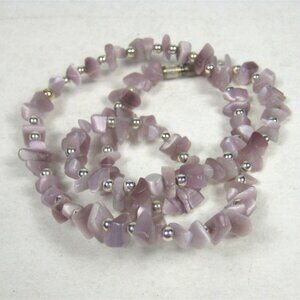 Purple Plastic Chip Bead Necklace Silvertone Accents 18 Inches Long Vintage Bead